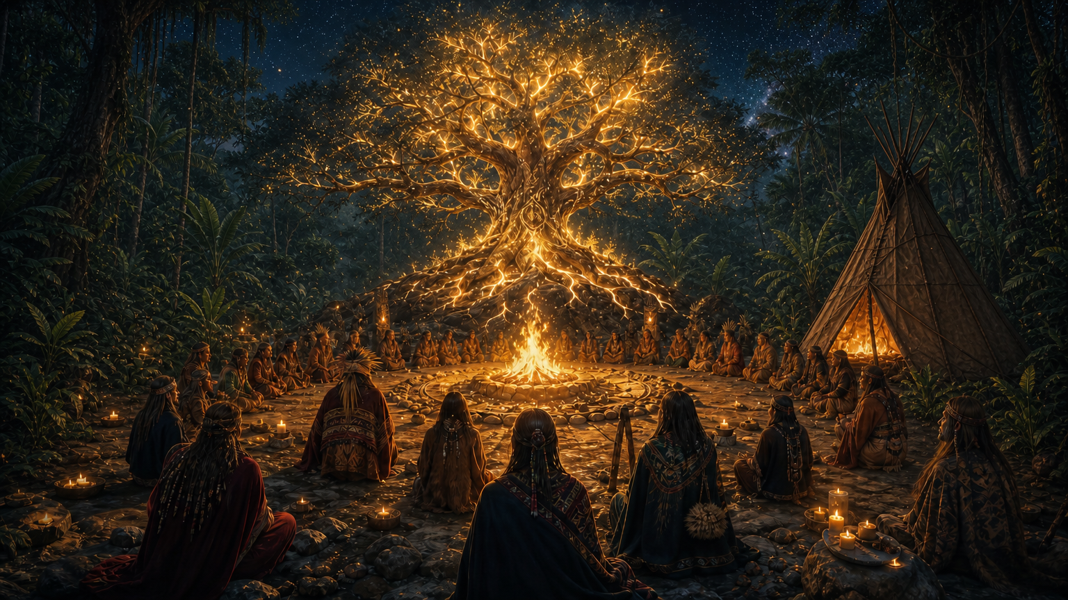 Grande Árvore da Vida dourada e luminosa sobre uma roda de pessoas reunidas ao redor do Fogo Sagrado na floresta noturna