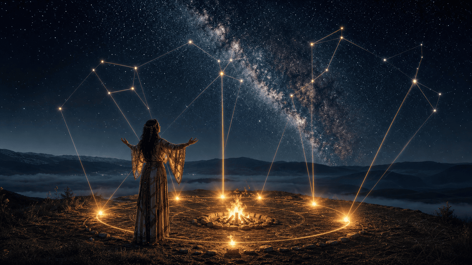 Pessoa de braços abertos diante de um círculo de fogo, com linhas douradas conectando as constelações do céu estrelado