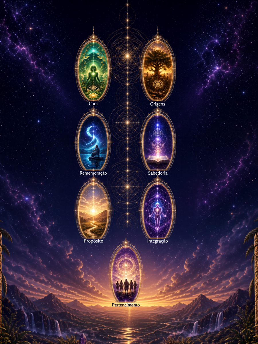 As Sete Consciências representadas como portais luminosos conectados por geometria sagrada sob um céu estrelado